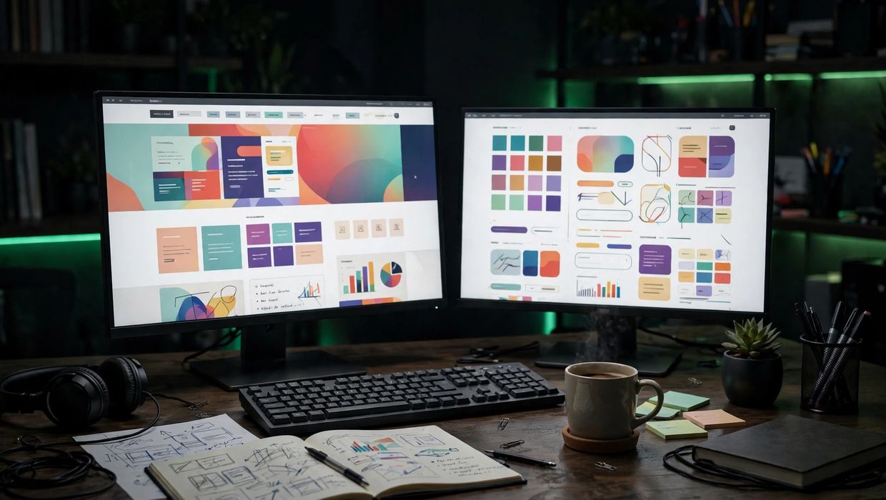 Web developer workspace with website designs on two monitors